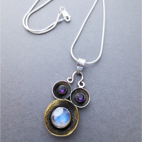 Rainbow Moonstone Amethyst Gemstone Sterling Pendant Necklace - Picture 3 of 7